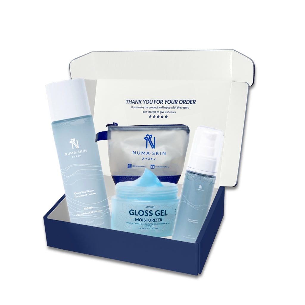 Numa Skin Exclusive Package Deep Sea Water Treatment Lotion Full Size & Travel Size + Gloss Gel Moisturizer & Pouch